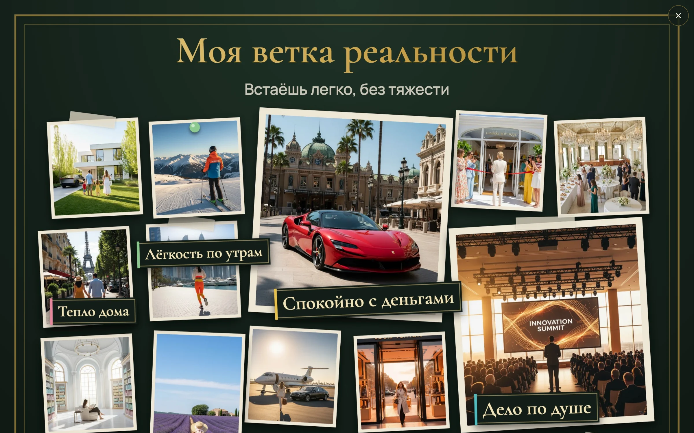 Доска визуализации «Моя ветка реальности» на весь экран компьютера: коллаж из картин и подписей восьми сфер